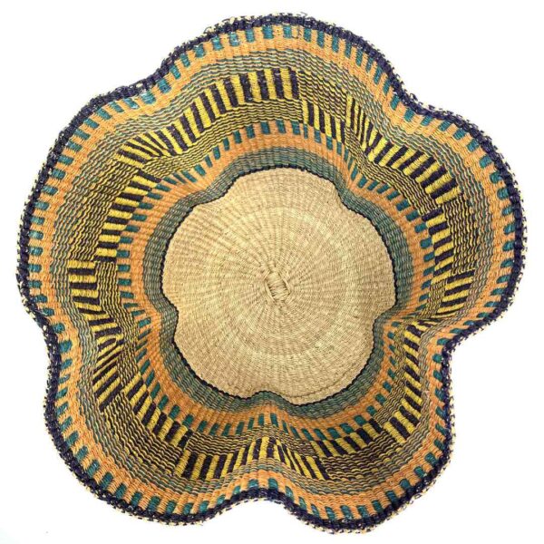 wave-basket-094-tide-orange-navy-bolga-handwoven-bashiri-2 Top-down view inside the orange and navy bolga wave basket, showing the coiled base