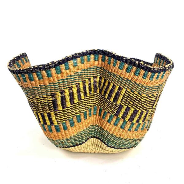 wave-basket-094-tide-orange-navy-bolga-handwoven-bashiri-3 Front view of the orange and navy bolga wave basket on a white background