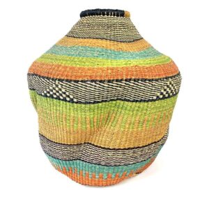 wavepot-001-parrot-2 Front view of the orange, teal and lime green Bolga wave pot basket showing the woven neck