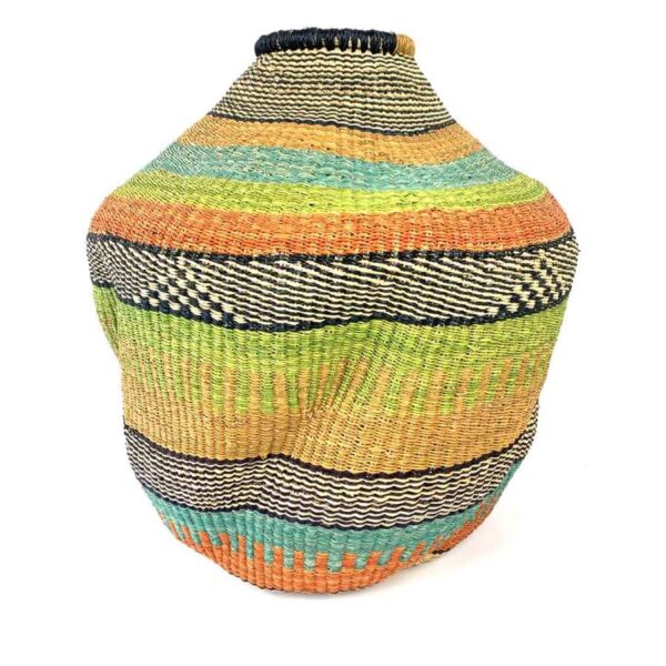 wavepot-001-parrot-2 Front view of the orange, teal and lime green Bolga wave pot basket showing the woven neck