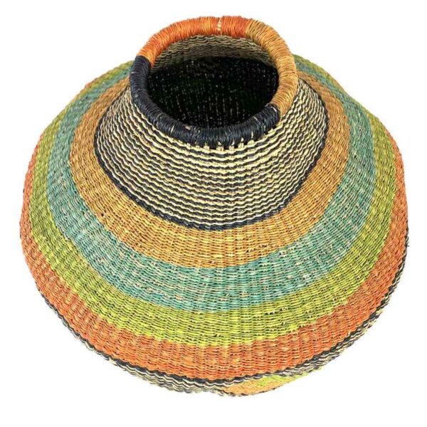 wavepot-001-parrot-3 Angled view of the orange, teal and lime green Bolga wave pot basket showing the wave pattern detail