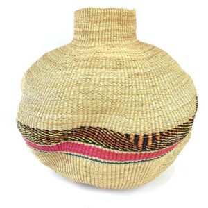 wavepot-002-corella-2 Front view of the natural Bolga wave pot basket, with a pink, orange and yellow wave band