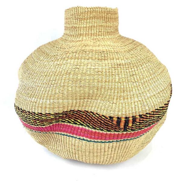 wavepot-002-corella-2 Front view of the natural Bolga wave pot basket, with a pink, orange and yellow wave band