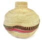 Front view of the natural Bolga wave pot basket, with a pink, orange and yellow wave band