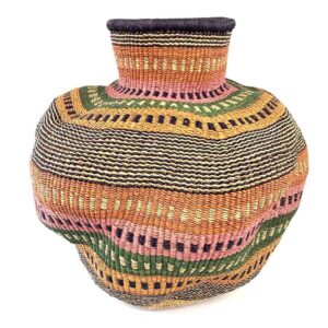 wavepot-003-lorikeet-2 Front view of the rust, olive green and pink Bolga wave pot basket showing the woven neck