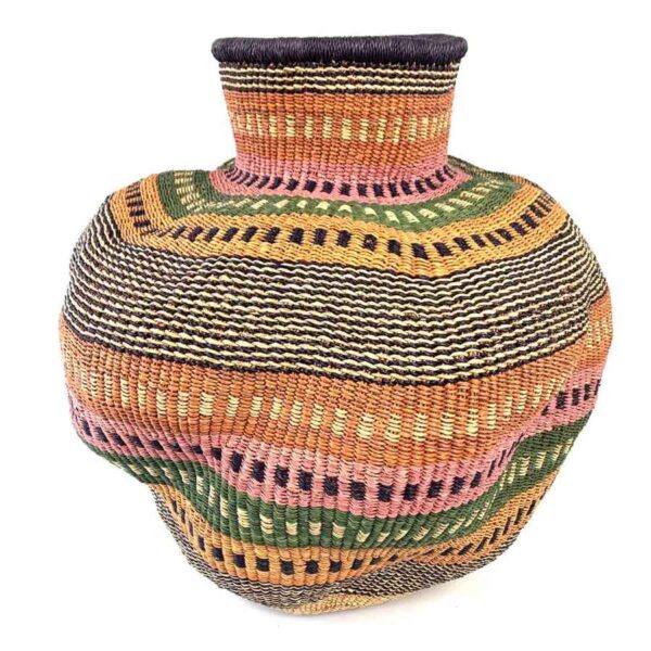 wavepot-003-lorikeet-2 Front view of the rust, olive green and pink Bolga wave pot basket showing the woven neck