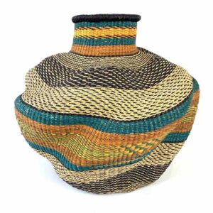 wavepot-004-rosella-2 Front view of the teal and rust Bolga wave pot basket showing the woven neck