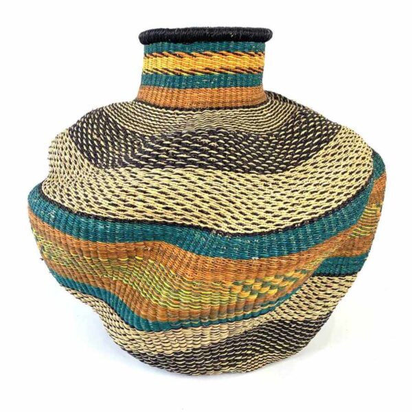 wavepot-004-rosella-2 Front view of the teal and rust Bolga wave pot basket showing the woven neck