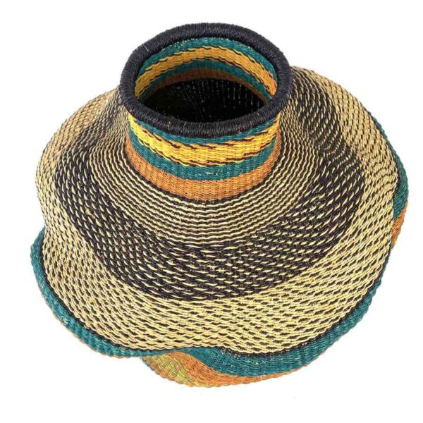 wavepot-004-rosella-3 Angled view of the teal and rust Bolga wave pot basket showing the wave pattern