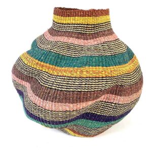 Front view of the teal, gold, rust, pink and purple Bolga wave pot basket