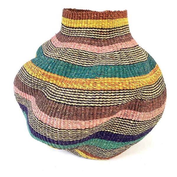 wavepot-005-cockatoo-2 Front view of the teal, gold, rust, pink and purple Bolga wave pot basket