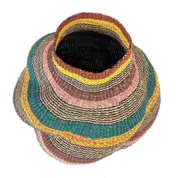 wavepot-005-cockatoo-3 Angled view of the teal, gold, rust, pink and purple Bolga wave pot basket showing the wave pattern