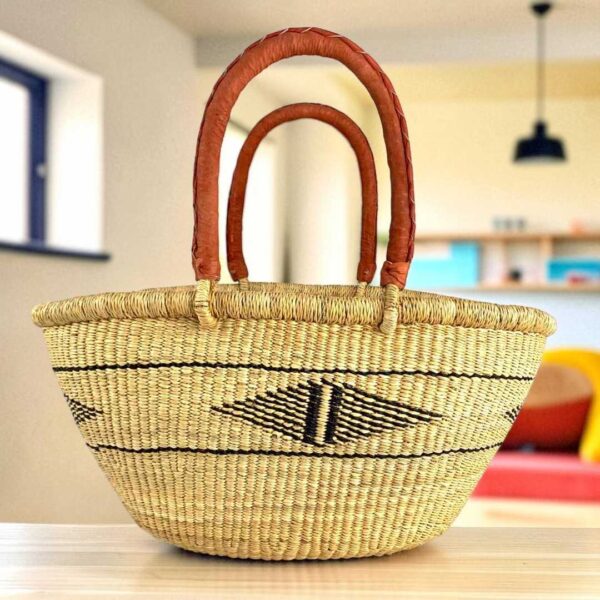 wawa-basket-251-windybeach-bolga-main Mega Wawa basket in natural undyed straw with a black diamond motif band, leather handles