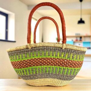 Mega Wawa basket with bright green stripe accents on a natural-and-black weave, leather handles