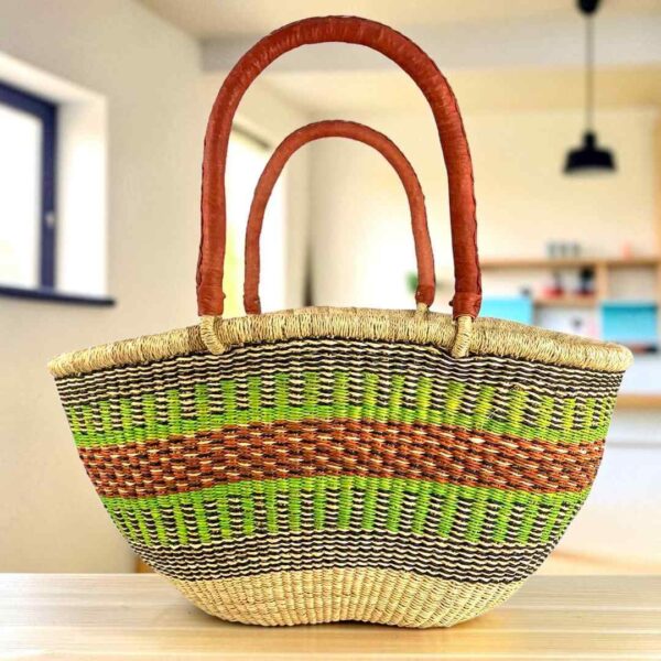 wawa-basket-253-wavecrash-bolga-main Mega Wawa basket with bright green stripe accents on a natural-and-black weave, leather handles
