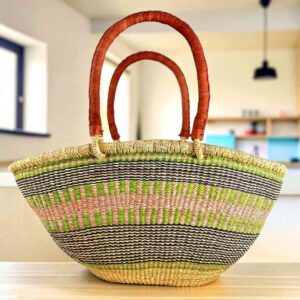 Mega Wawa basket with pink, green and navy horizontal stripes, leather handles