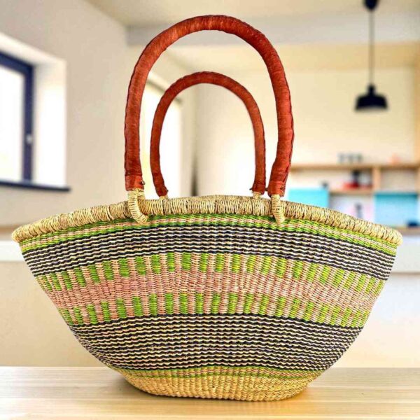 wawa-basket-255-pollen-bolga-main Mega Wawa basket with pink, green and navy horizontal stripes, leather handles