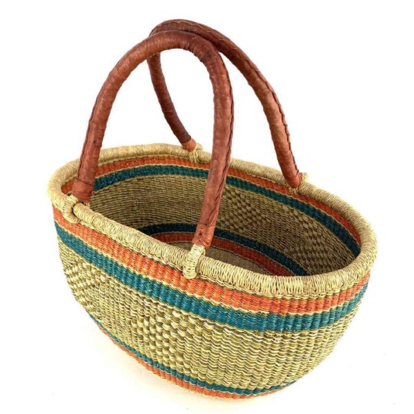 wawa-basket-257-posh-2 Angled view of the orange and teal Mega Wawa Bolga basket showing the woven interior and leather handles