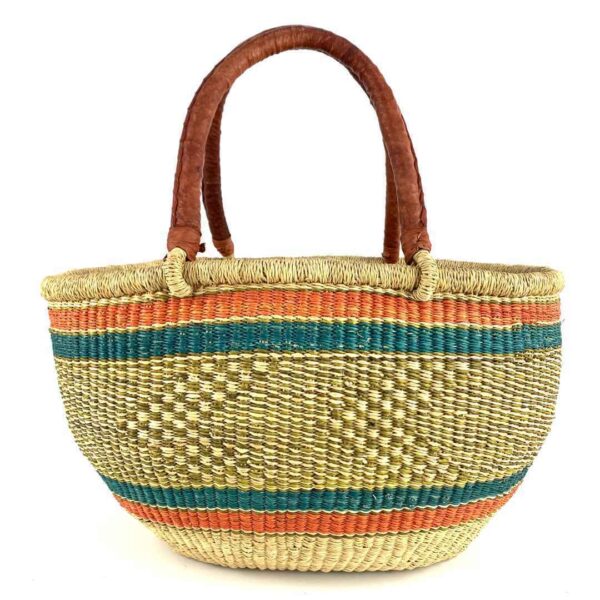 wawa-basket-257-posh-3 Front view of the orange and teal Mega Wawa Bolga basket with two leather handles on a white background
