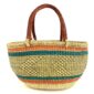 Front view of the orange and teal Mega Wawa Bolga basket with two leather handles on a white background