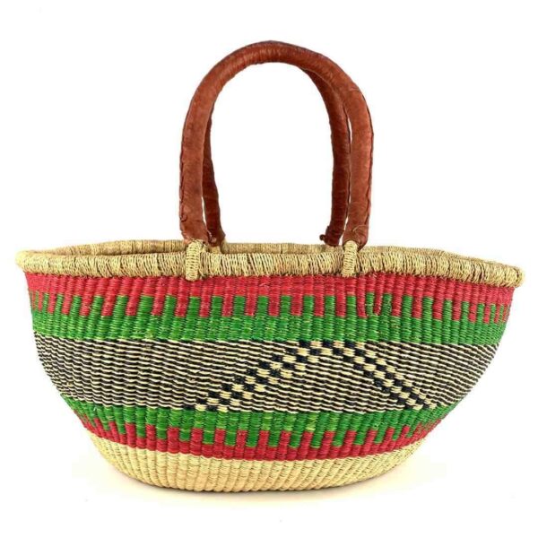wawa-basket-258-spice-3 Front view of the red and green Mega Wawa Bolga basket with two leather handles on a white background