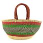 Front view of the red and green Mega Wawa Bolga basket with two leather handles on a white background