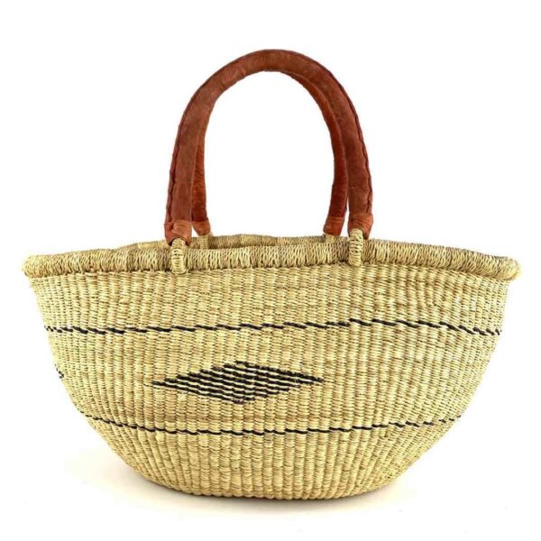 wawa-basket-259-sporty-3 Front view of the natural Mega Wawa Bolga basket with two leather handles on a white background