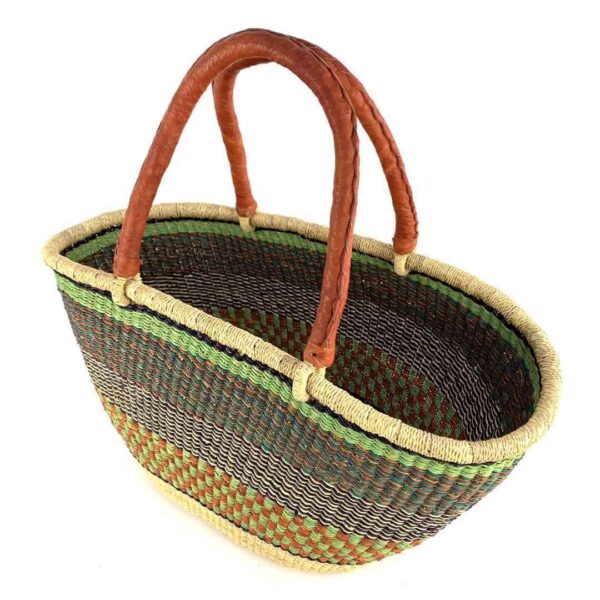 wawa-basket-260-locco-2 Angled view of the olive green and rust Mega Wawa Bolga basket showing the woven interior and leather handles
