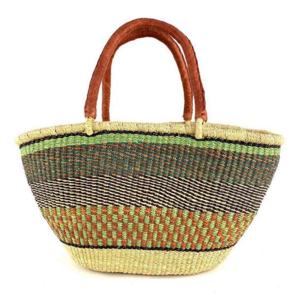 wawa-basket-260-locco-3 Front view of the olive green and rust Mega Wawa Bolga basket with two leather handles on a white background