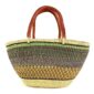 Front view of the olive green and rust Mega Wawa Bolga basket with two leather handles on a white background