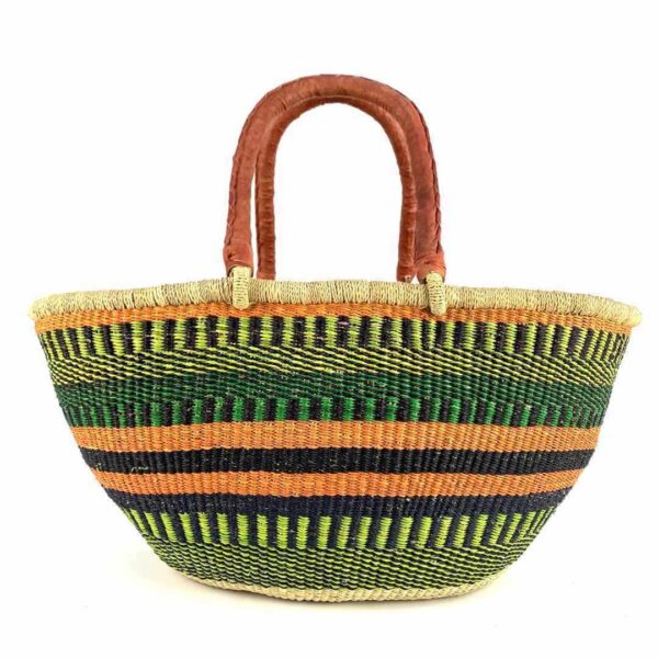 wawa-basket-261-lupa-3 Front view of the green and orange striped Mega Wawa Bolga basket with two leather handles on a white background