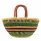 Front view of the green and orange striped Mega Wawa Bolga basket with two leather handles on a white background