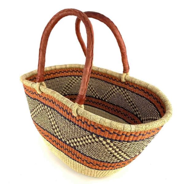 wawa-basket-262-occo-2 Angled view of the orange zigzag Mega Wawa Bolga basket showing the woven interior and leather handles