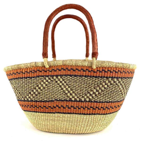 wawa-basket-262-occo-3 Front view of the orange zigzag Mega Wawa Bolga basket with two leather handles on a white background
