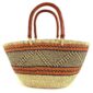 Front view of the orange zigzag Mega Wawa Bolga basket with two leather handles on a white background