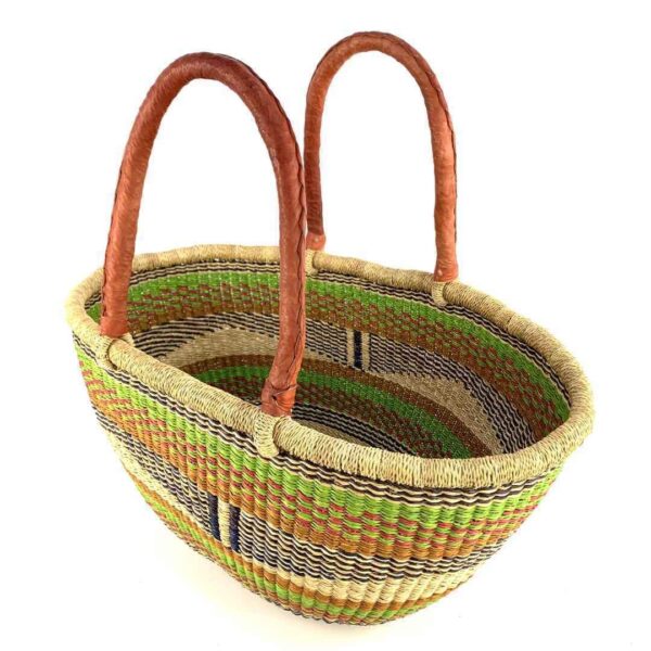 wawa-basket-263-lena-2 Angled view of the lime and orange Mega Wawa Bolga basket showing the woven interior and leather handles