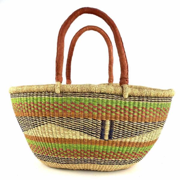 wawa-basket-263-lena-3 Front view of the lime and orange Mega Wawa Bolga basket with two leather handles on a white background
