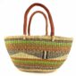 Front view of the lime and orange Mega Wawa Bolga basket with two leather handles on a white background