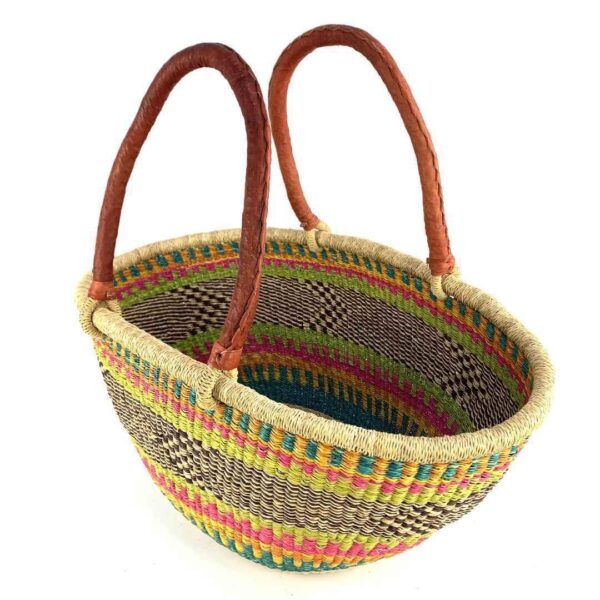 wawa-basket-264-bella-2 Angled view of the multicolour checked Mega Wawa Bolga basket showing the woven interior and leather handles