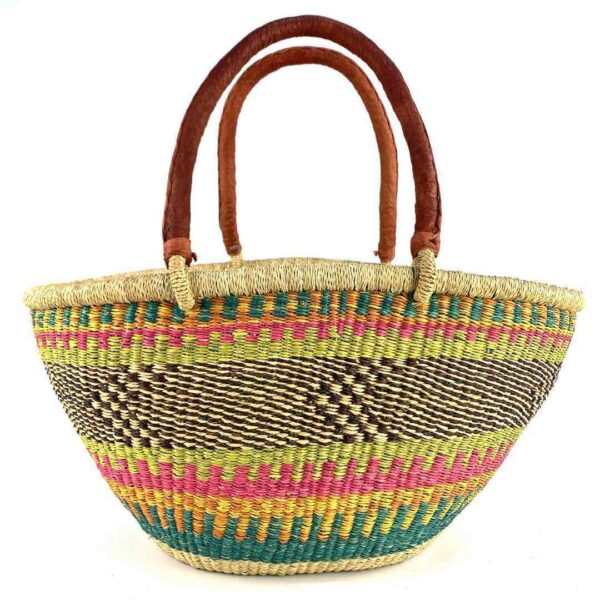 wawa-basket-264-bella-3 Front view of the multicolour checked Mega Wawa Bolga basket with two leather handles on a white background