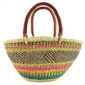 Front view of the multicolour checked Mega Wawa Bolga basket with two leather handles on a white background