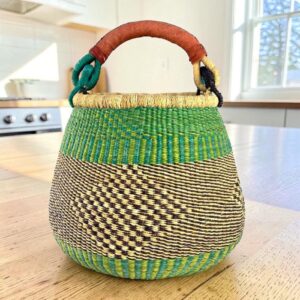 woven Bolga basket showing natural fibre texture and colour bands