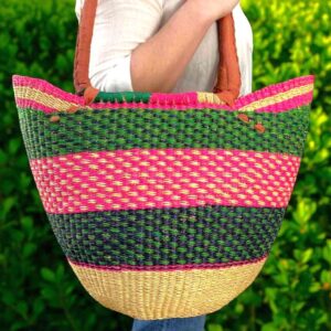 Macro photo highlighting extended leather straps on Bolga basket