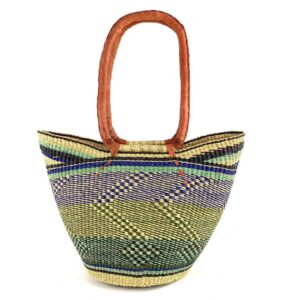 woven-market-basket-lh-273-lach-bashiri-2 Front view of the long handle market basket with patterned bands in soft, cool tones