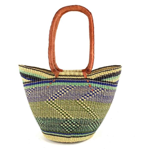 woven-market-basket-lh-273-lach-bashiri-2 Front view of the long handle market basket with patterned bands in soft, cool tones