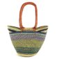 Front view of the long handle market basket with patterned bands in soft, cool tones