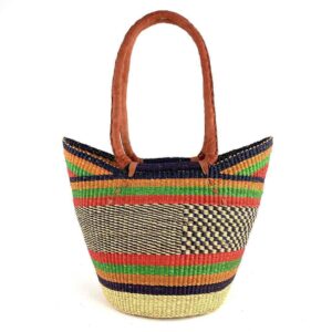 woven-market-basket-lh-274-dollie-bashiri-2 Front view of the long handle market basket with a dark chequered pattern with bright accent stripes