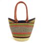 Front view of the long handle market basket with a dark chequered pattern with bright accent stripes