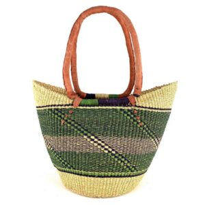 woven-market-basket-lh-277-rogers-bashiri-2 Front view of the long handle market basket with an open weave and a diagonal pattern in cool, earthy tones