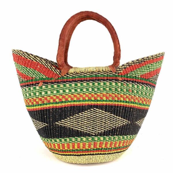 woven-market-basket-standard-540-amara-bashiri-2 Front view of the classic market basket with bold multicolour bands around a dark diamond pattern